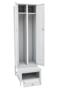 Шкаф металлический для одежды с закрытыми дверями двухстворчатый на подставке с ящиком