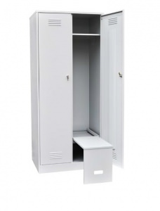 Шкаф металлический для одежды с закрытыми дверями двухстворчатый с откидной скамьей (верх металл)