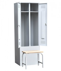 Шкаф металлический для одежды с закрытыми дверями двухстворчатый с приставной скамьей (верх липа)